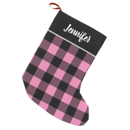 Rustic Pink and Black Buffalo Check Monogram Small Christmas Stocking