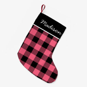 Rustic Pink and Black Buffalo Check Monogram Small Christmas Stocking