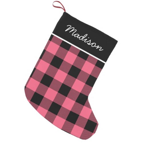 Rustic Pink and Black Buffalo Check Monogram Small Christmas Stocking