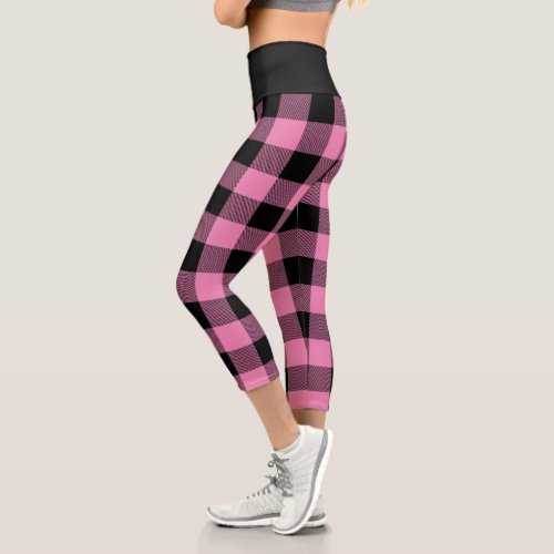 Rustic Pink and Black Buffalo Plaid Pattern Capri Leggings