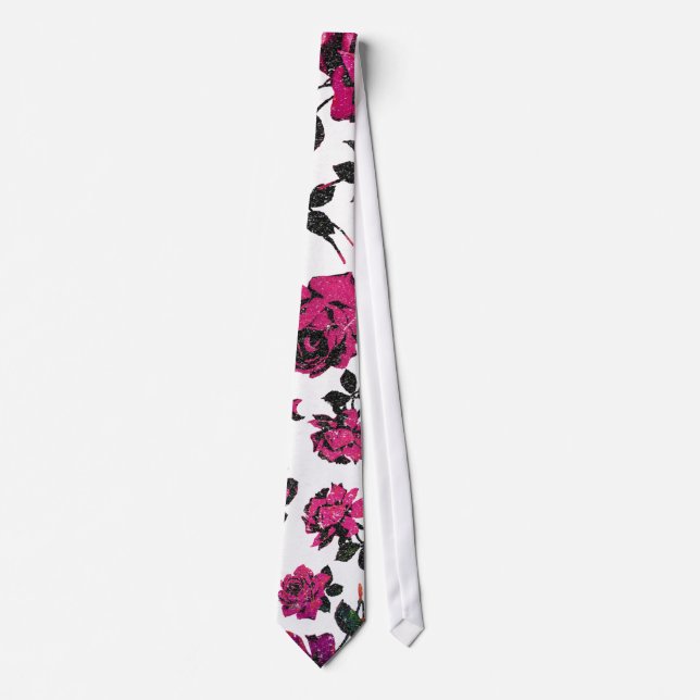 Rustic Pink and Black Stem Rose Pattern Neck Tie (Front)
