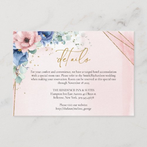 Rustic pink and Dusty Blue Floral gold details Enclosure Card