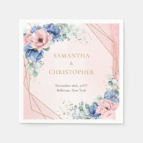 Rustic Pink and Dusty Blue Floral gold frame Napkins