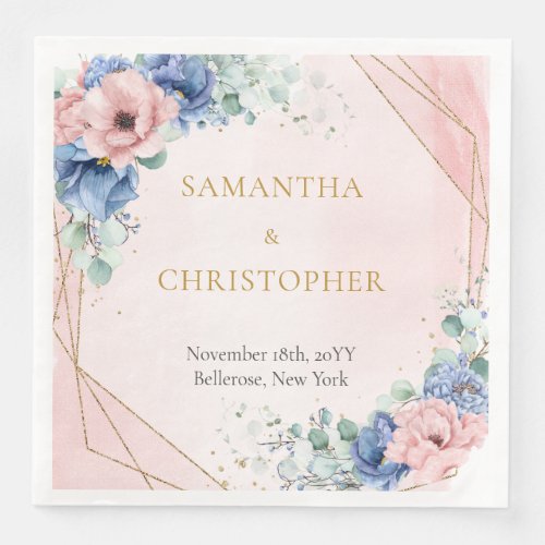 Rustic Pink and Dusty Blue Floral gold frame Paper Dinner Napkins