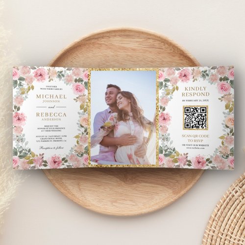 Rustic Pink and Gold Floral Photo QR Code Wedding Tri_Fold Invitation