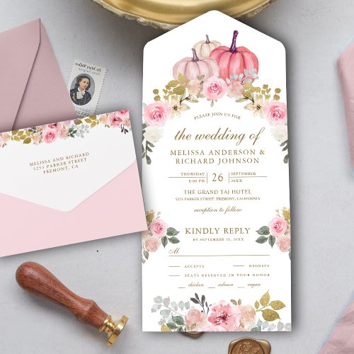 Rustic Pink and Gold Pumpkin Floral Wedding All In One Invitation