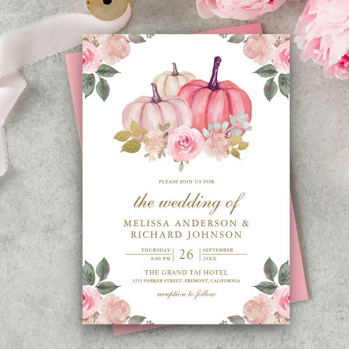 Rustic Pink and Gold Pumpkin Floral Wedding Invitation