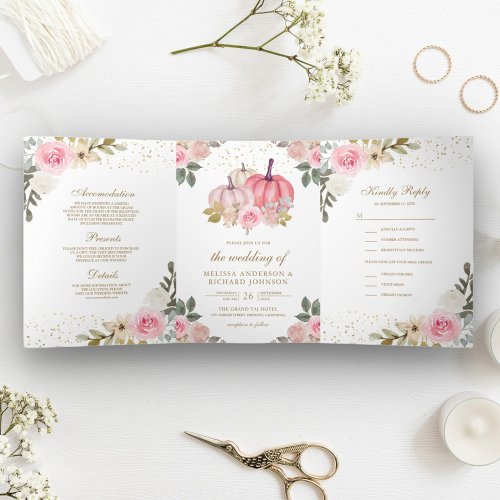 Rustic Pink and Gold Pumpkin Floral Wedding Tri_Fold Invitation