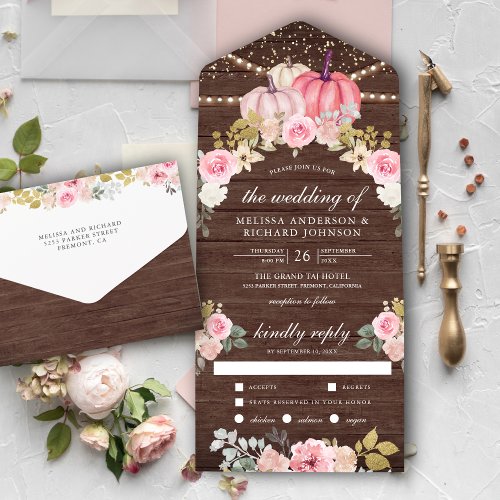 Rustic Pink and Gold Pumpkin Floral Wood Wedding All In One Invitation