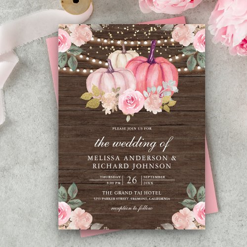 Rustic Pink and Gold Pumpkin Floral Wood Wedding Invitation