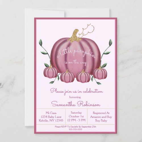 Rustic Pink and Gold Pumpkin Girl Baby Shower Invitation