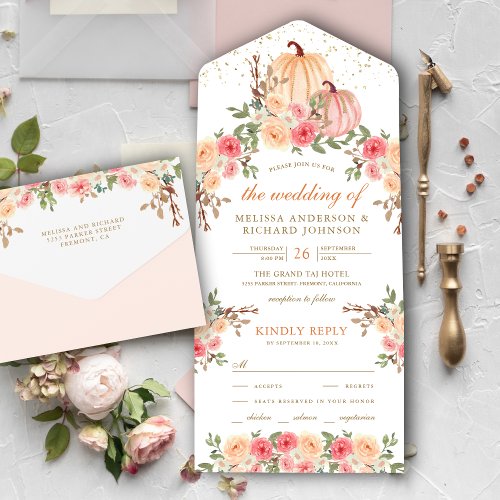 Rustic Pink and Peach Pumpkin Floral Wedding All In One Invitation