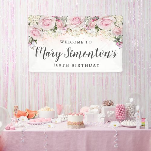 Rustic Pink and White Floral 100th Birthday Banner