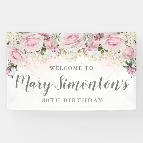 Rustic Pink and White Floral 80th Birthday Banner