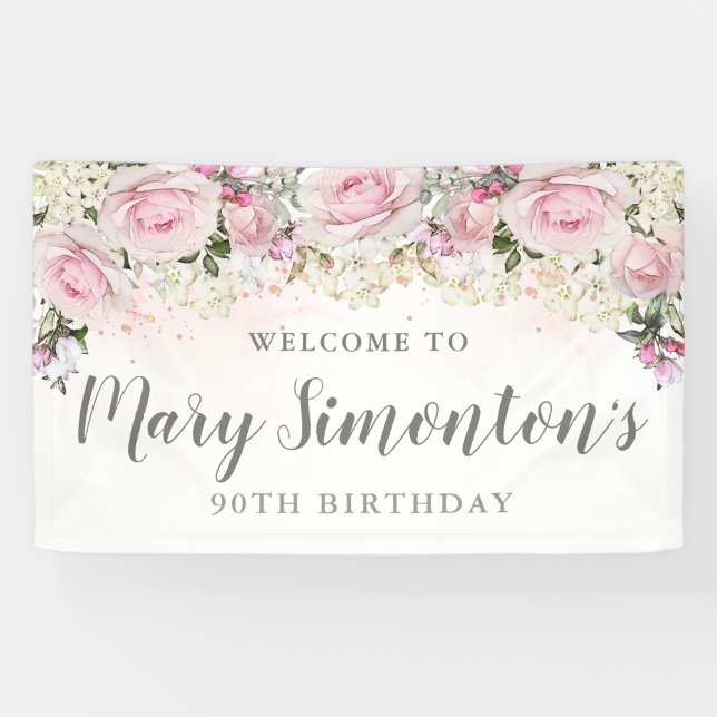Rustic Pink and White Floral 90th Birthday Banner (Horizontal)
