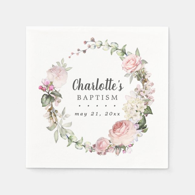 Rustic Pink and White Floral Baptism Napkins (Front)