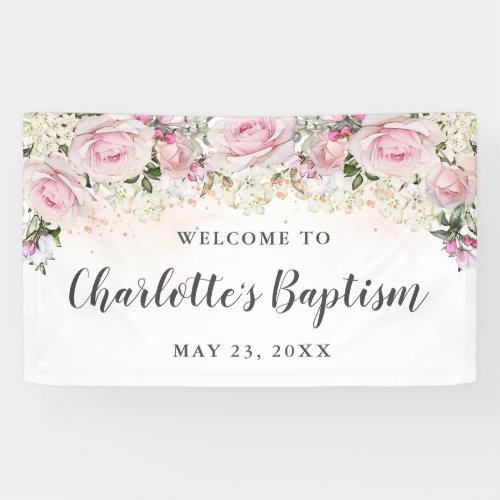 Rustic Pink and White Floral Baptism Party Banner
