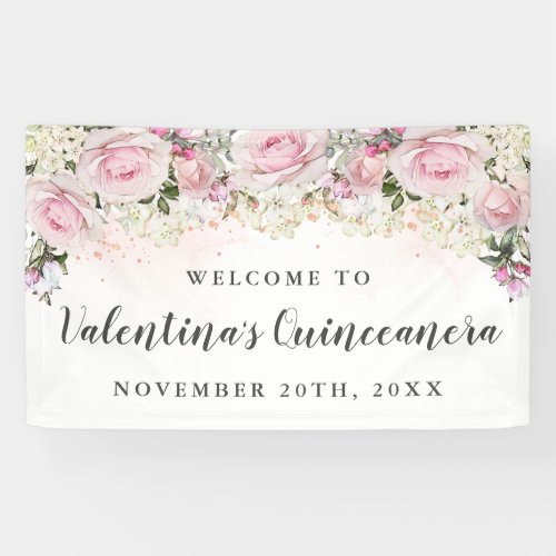 Rustic Pink and White Floral Quinceanera Banner