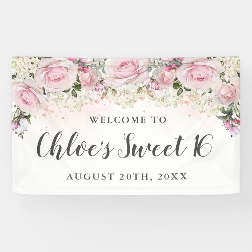 Rustic Pink and White Floral Sweet 16 Party Banner