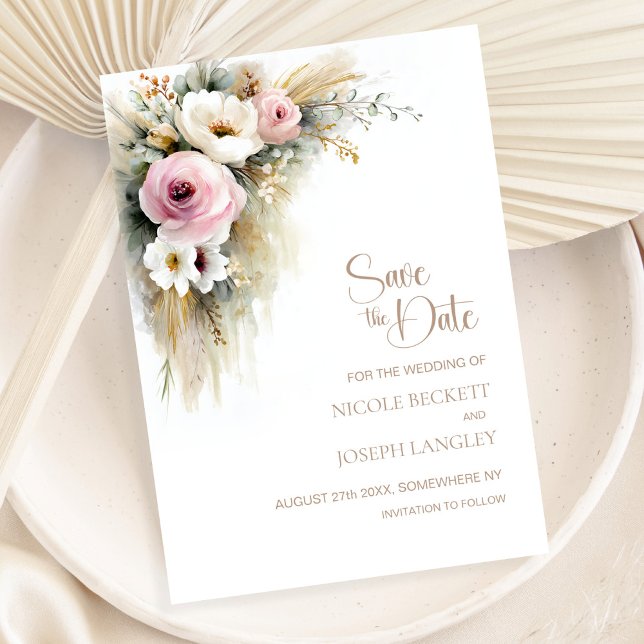 Rustic Pink and White Floral Wedding Save the Date (Creator Uploaded)
