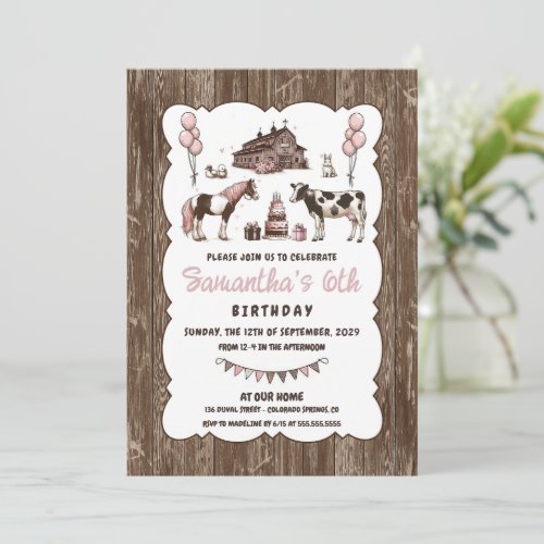 Rustic Pink Animals Birthday Party Invitation