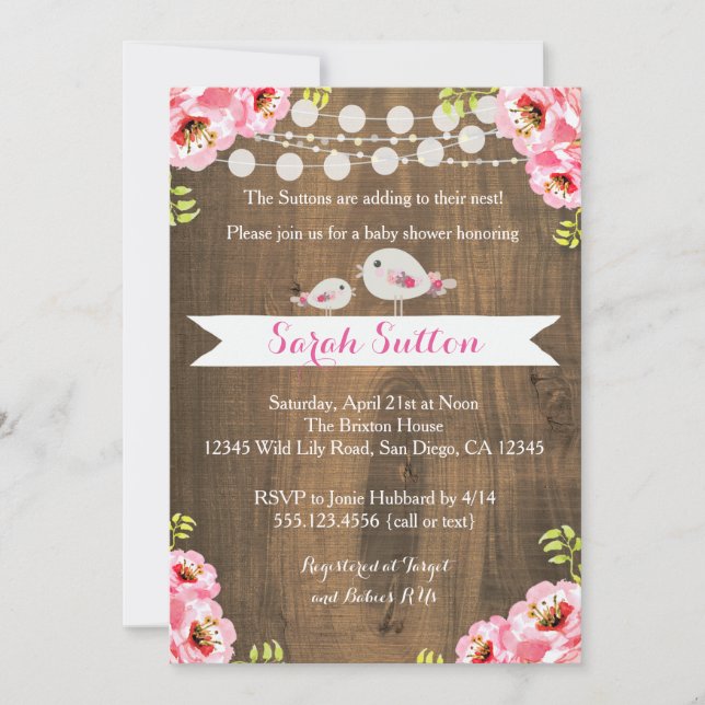 Rustic Pink Baby Bird Girl Shower Invitation (Front)
