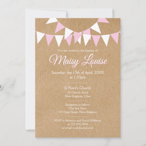 Rustic Pink Baby Girl Bunting Baptism Christening Invitation