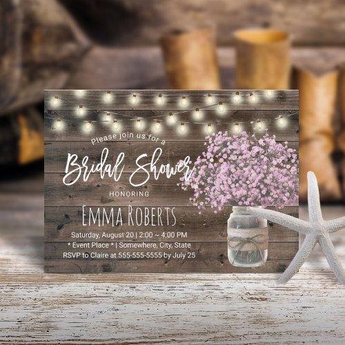 Rustic Pink Babys Breath Floral Jar Bridal Shower Invitation