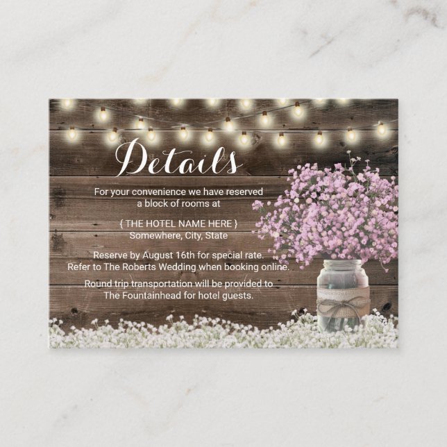 Rustic Pink Baby's Breath Hotel Accommodations Enclosure Card (Front)