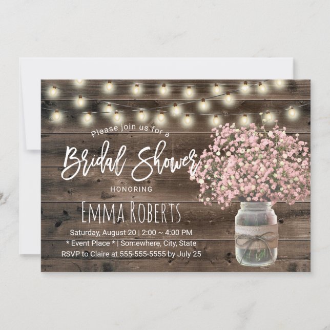 Rustic Pink Baby's Breath Mason Jar Bridal Shower Invitation (Front)