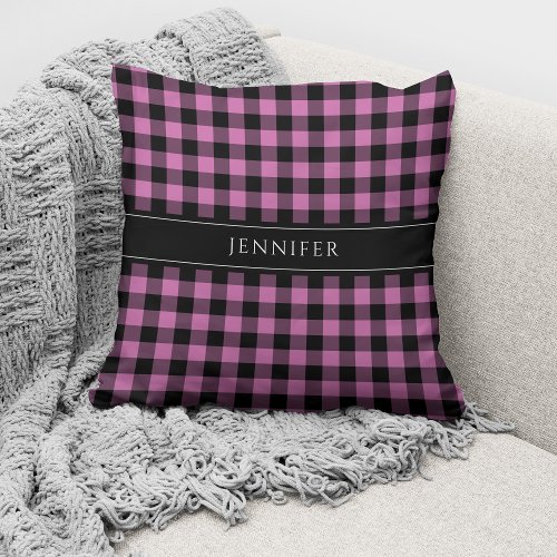 Rustic Pink Black Checked Plaid Pattern Name Throw Pillow