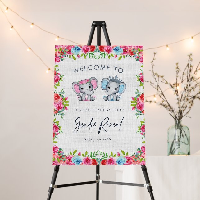 Rustic pink & Blue elephant  Gender Reveal Welcome Foam Board (In Situ (Stand))