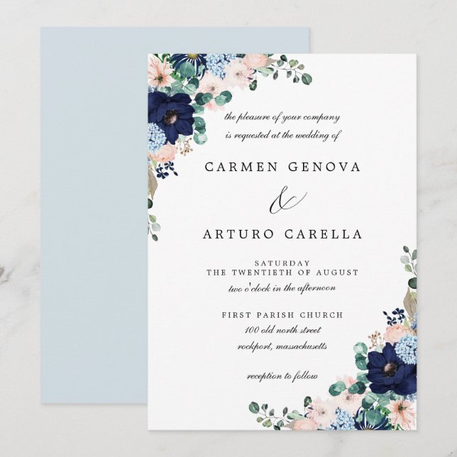 Rustic Pink Blue Eucalyptus Floral Wedding Invitat Invitation (Front/Back)