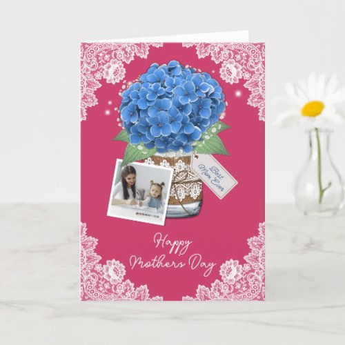 Rustic Pink Blue Floral Photo Happy Mothers Day Card