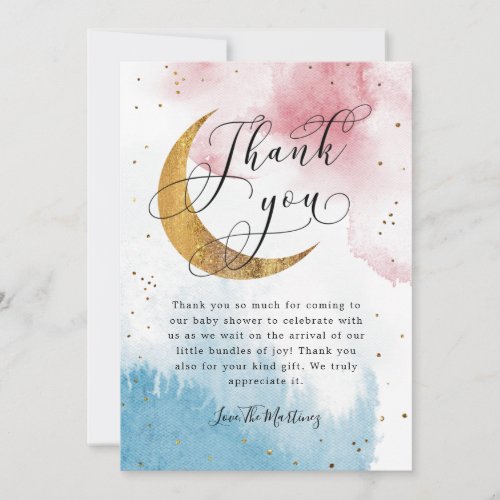 Rustic Pink Blue Gold Moon Stars Baby Shower  Thank You Card