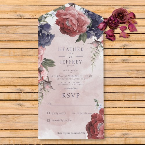 Rustic Pink  Blue Peonies Pink No Dinner All In One Invitation