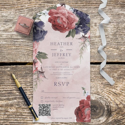 Rustic Pink  Blue Peonies Pink QR Code All In One Invitation