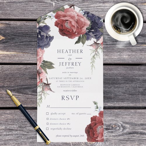 Rustic Pink  Blue Peonies White Dinner All In One Invitation