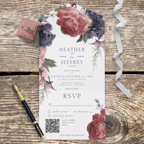 Rustic Pink  Blue Peonies White QR Code All In One Invitation