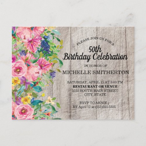 Rustic Pink Blue Watercolor Floral 50th Birthday Postcard