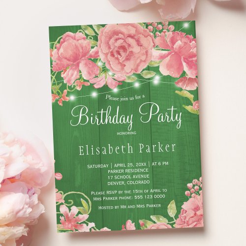 Rustic pink blush rose peonies birthday party invitation