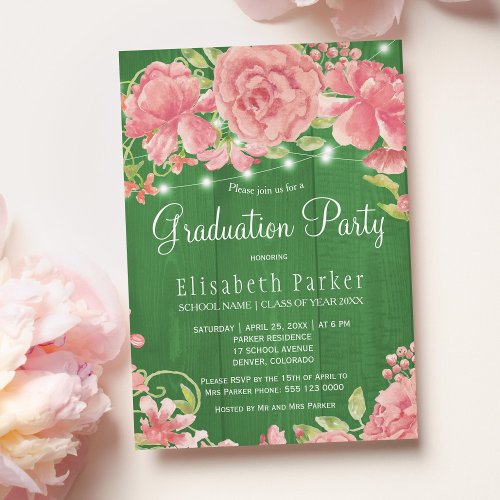 Rustic pink blush rose peonies graduation party invitation