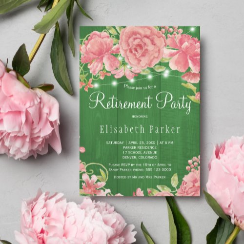 Rustic pink blush rose peonies retirement party invitation
