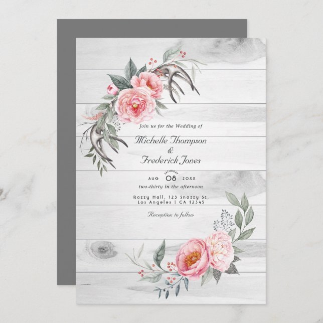 Rustic Pink Boho Floral QR Code RSVP Wedding Invitation (Front/Back)