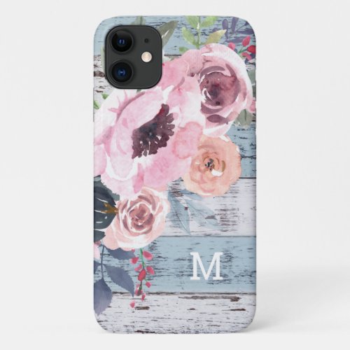 Rustic Pink Boho Watercolor Floral Monogrammed iPhone 11 Case