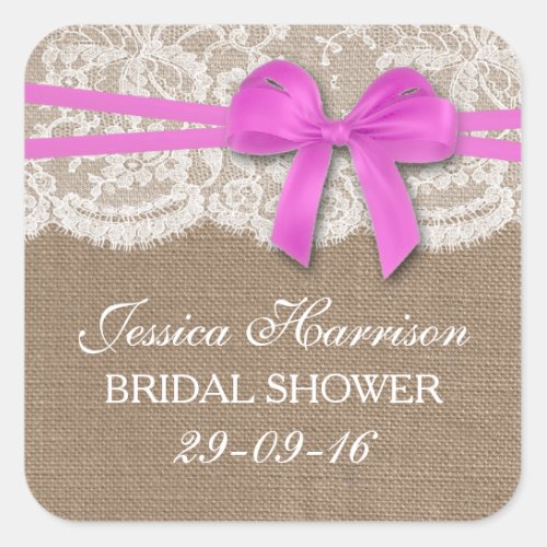 Rustic Pink Bow Burlap  Lace Bridal Shower Square Sticker