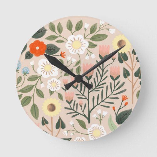 Rustic Pink Brown Boho_Chic Floral Illustration Round Clock