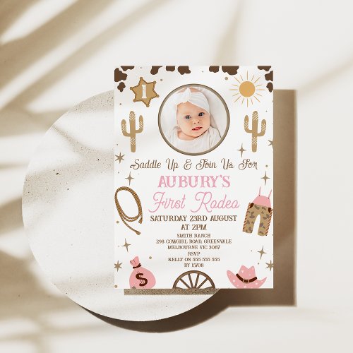 Rustic Pink Brown Girls First Rodeo 1st Birthday Invitation