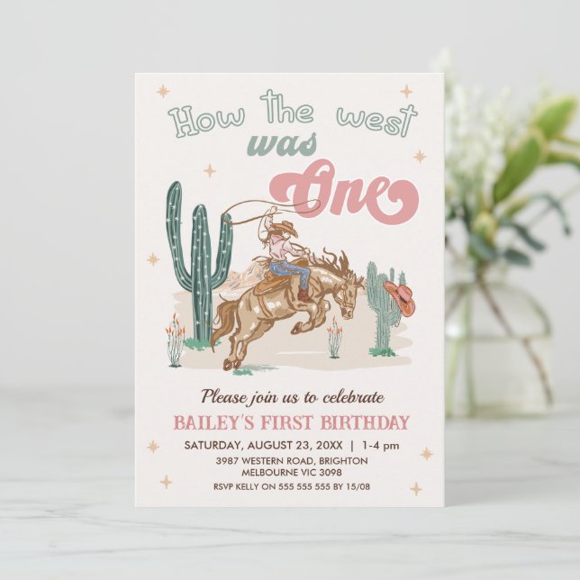 Rustic Pink Brown How West Was One 1st Birthday Invitation (Standing Front)