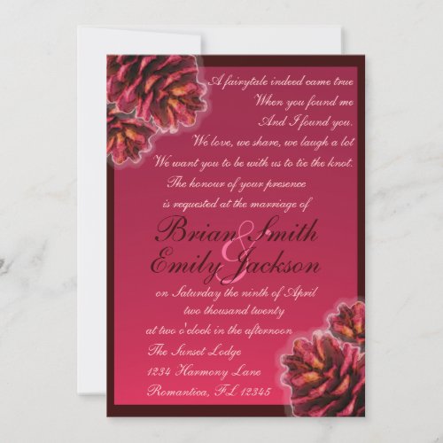 Rustic pink brown pine cone wedding invitations